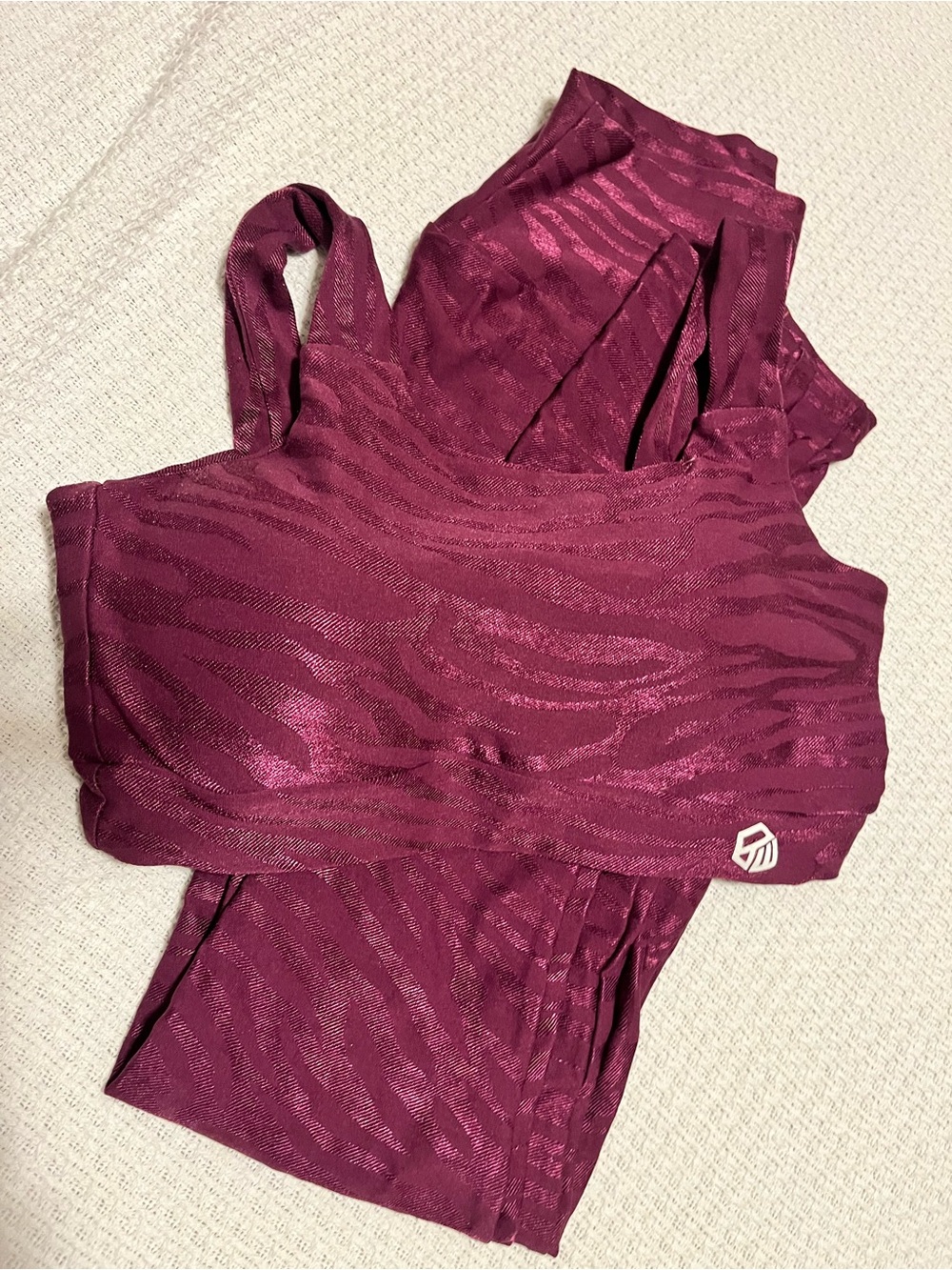 Plum Zebra-Print Low-Impact Sports Bra and Leggings with Subtle Shine